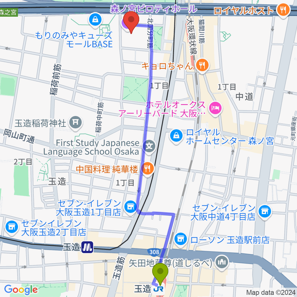 玉造駅から森ノ宮ピロティホールへのルートマップ地図