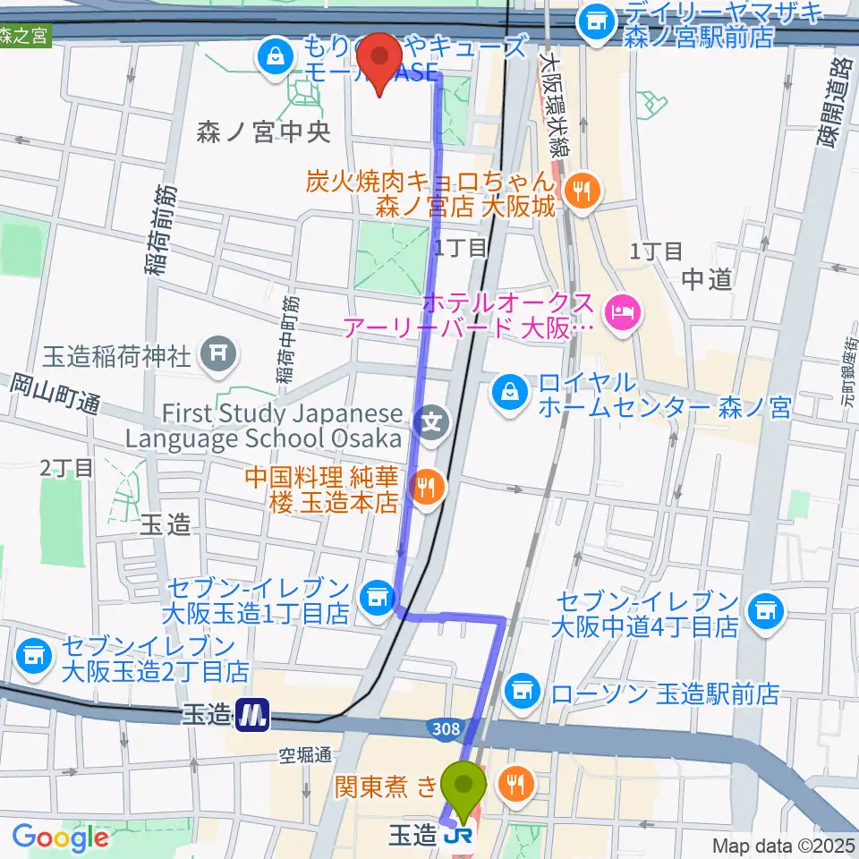 玉造駅から森ノ宮ピロティホールへのルートマップ地図