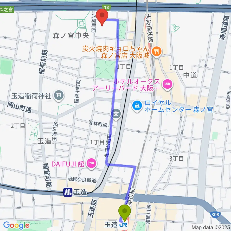玉造駅から森ノ宮ピロティホールへのルートマップ地図