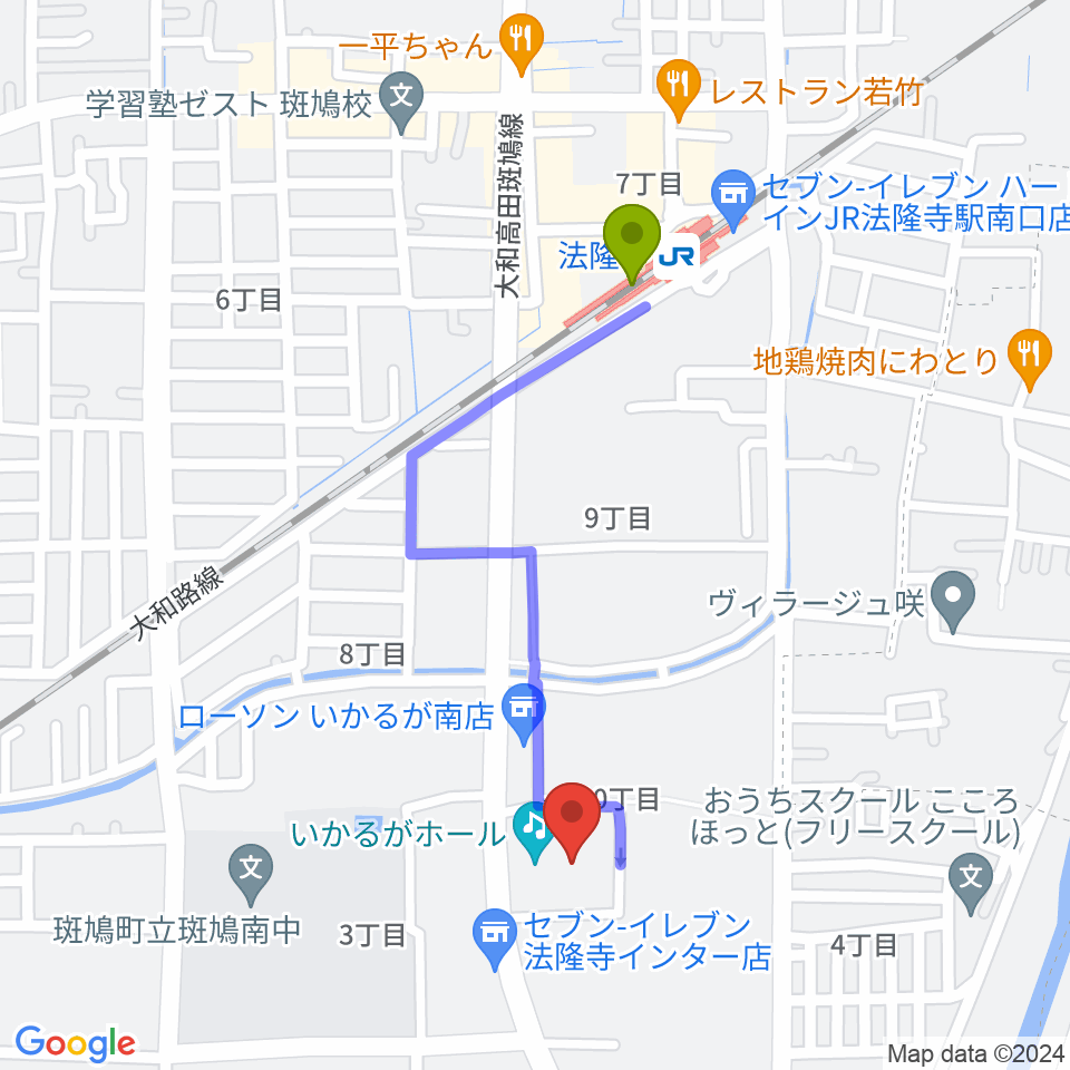 いかるがホールの最寄駅法隆寺駅からの徒歩ルート（約9分）地図