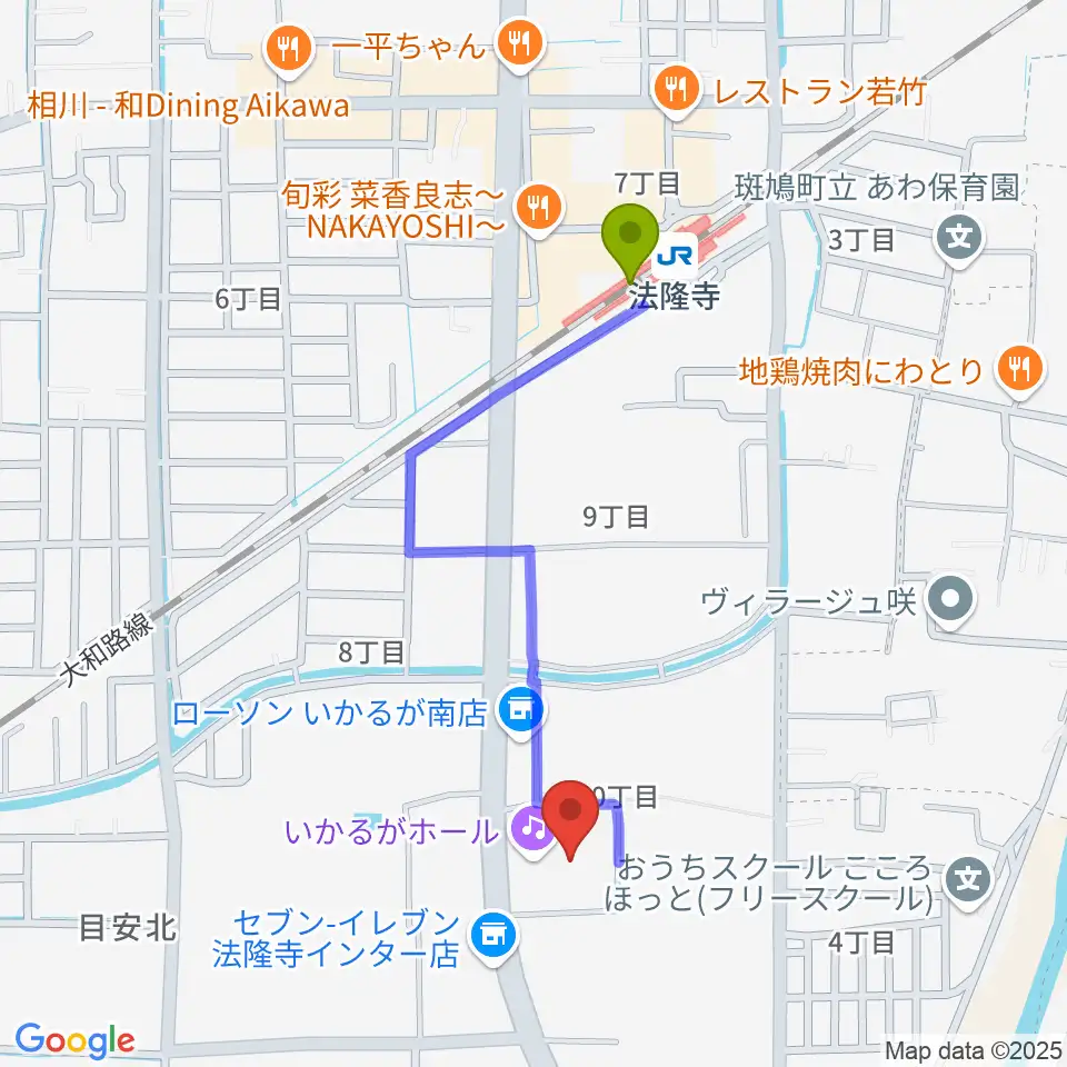 いかるがホールの最寄駅法隆寺駅からの徒歩ルート（約9分）地図