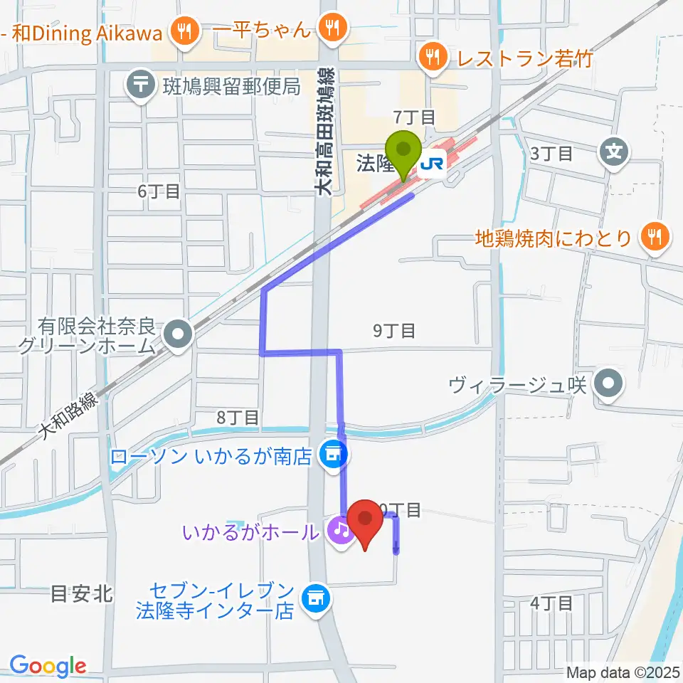 いかるがホールの最寄駅法隆寺駅からの徒歩ルート（約9分）地図