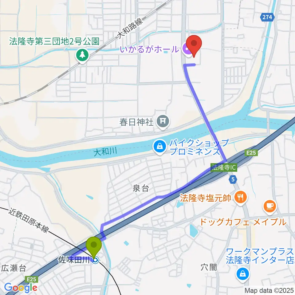 佐味田川駅からいかるがホールへのルートマップ地図