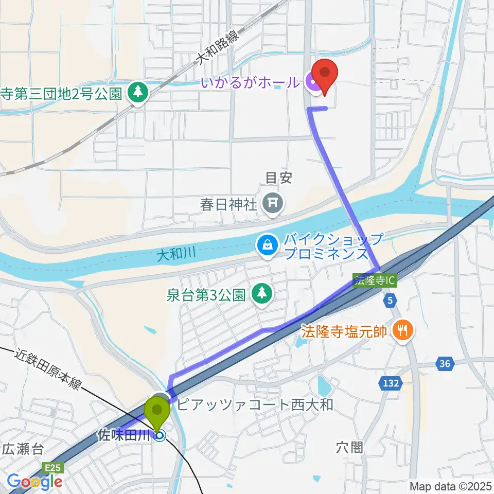 佐味田川駅からいかるがホールへのルートマップ地図
