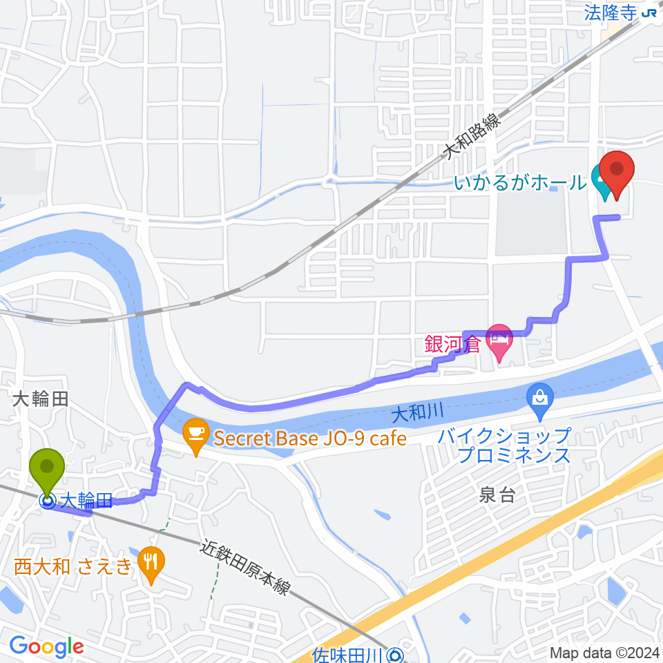 大輪田駅からいかるがホールへのルートマップ地図