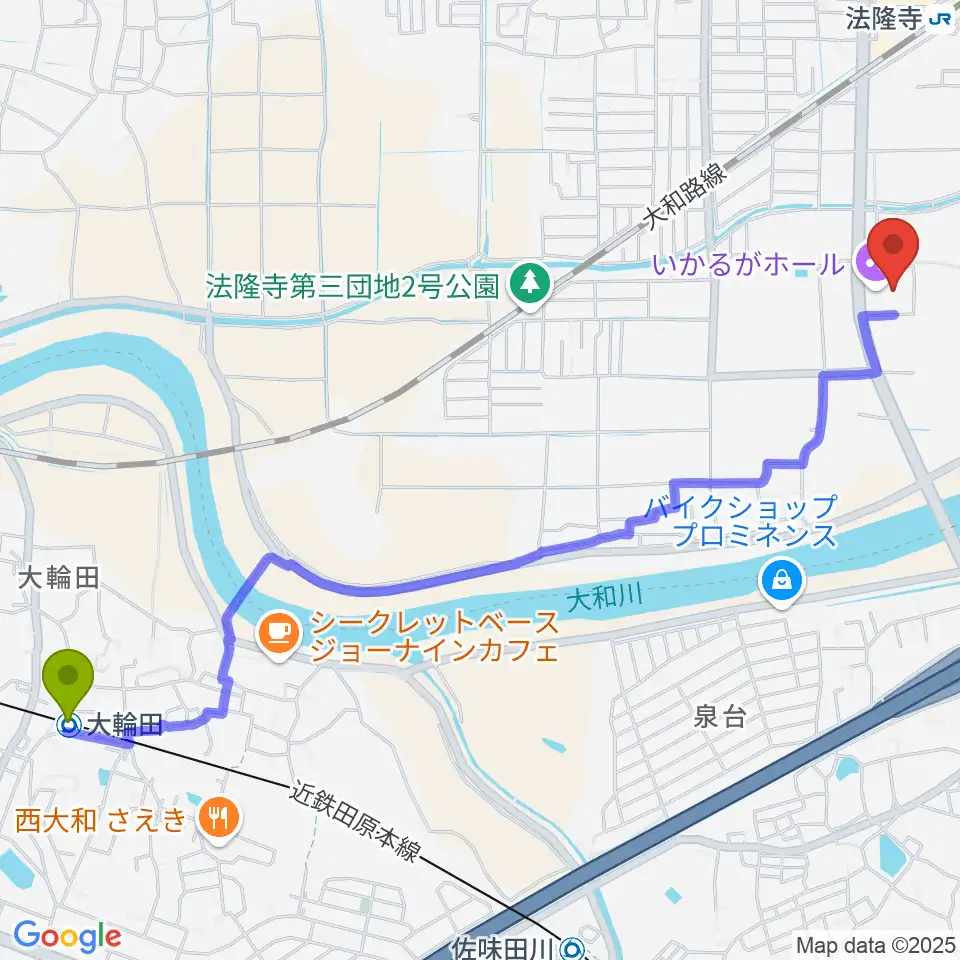 大輪田駅からいかるがホールへのルートマップ地図