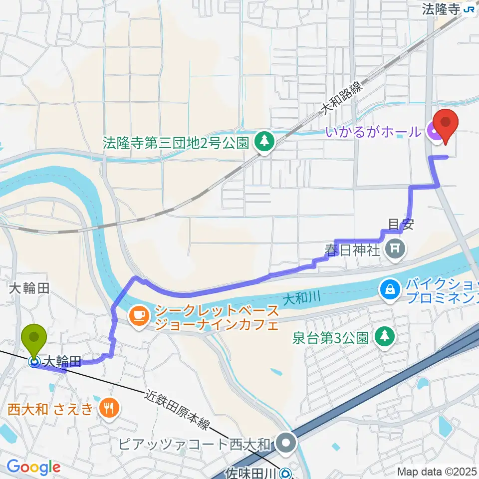 大輪田駅からいかるがホールへのルートマップ地図