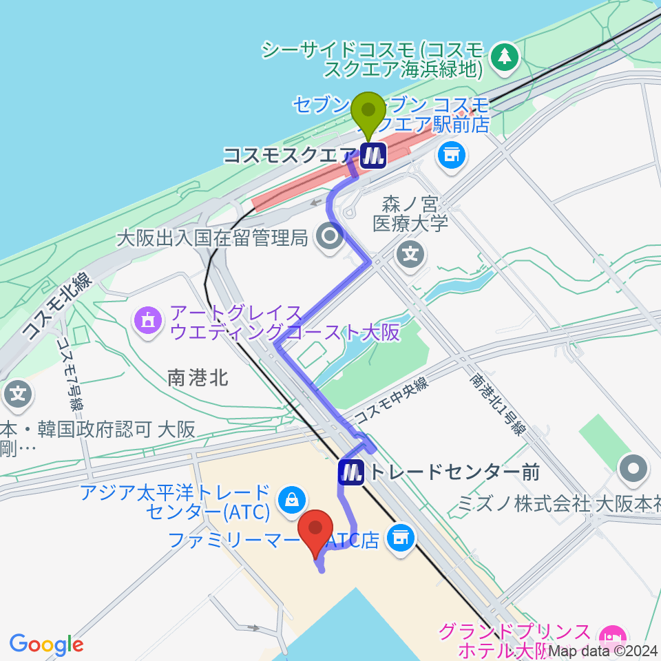 コスモスクエア駅から南港サンセットホールへのルートマップ地図