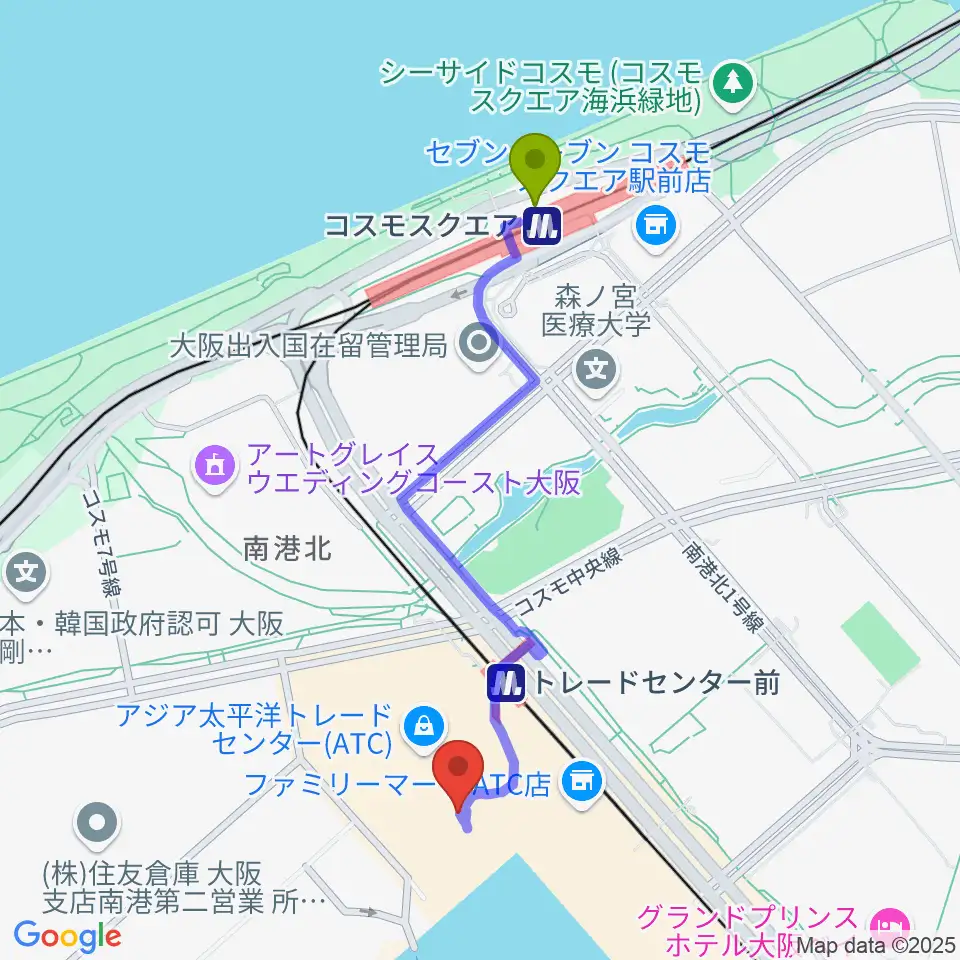 コスモスクエア駅から南港サンセットホールへのルートマップ地図