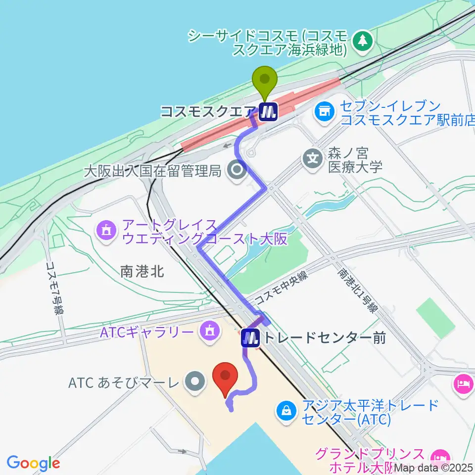 コスモスクエア駅から南港サンセットホールへのルートマップ地図