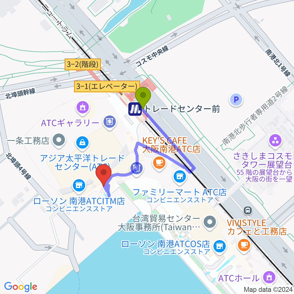 南港サンセットホールの最寄駅トレードセンター前駅からの徒歩ルート（約2分）地図