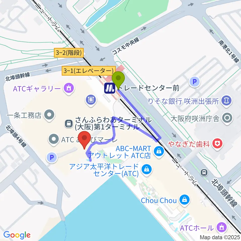 南港サンセットホールの最寄駅トレードセンター前駅からの徒歩ルート（約2分）地図