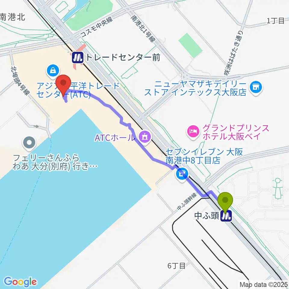 中ふ頭駅から南港サンセットホールへのルートマップ地図