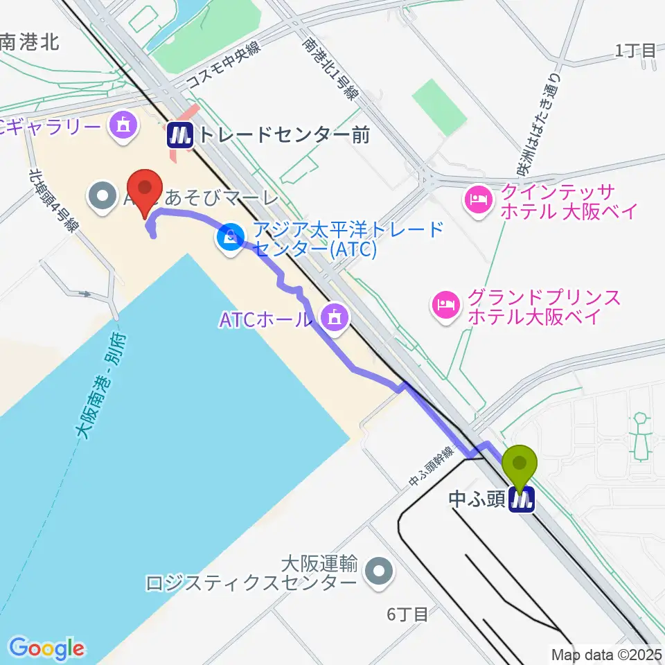 中ふ頭駅から南港サンセットホールへのルートマップ地図