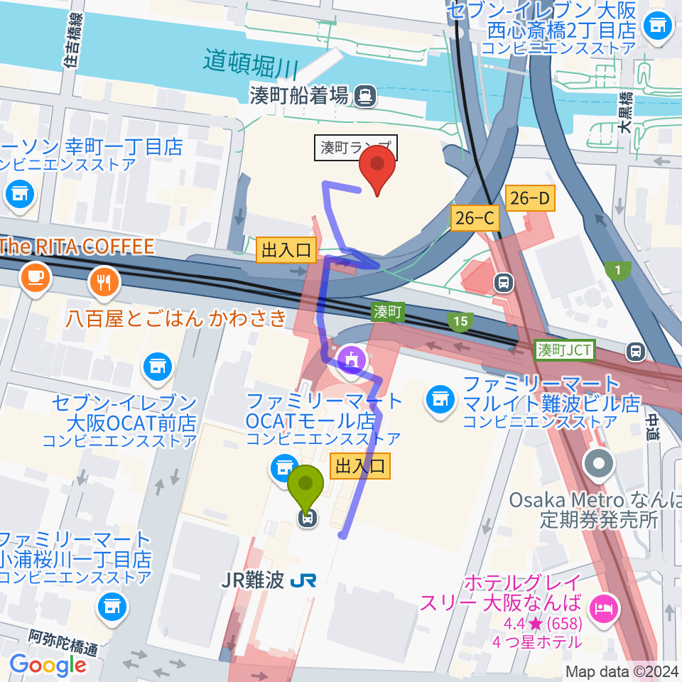 なんばハッチの最寄駅ＪＲ難波駅からの徒歩ルート（約4分）地図