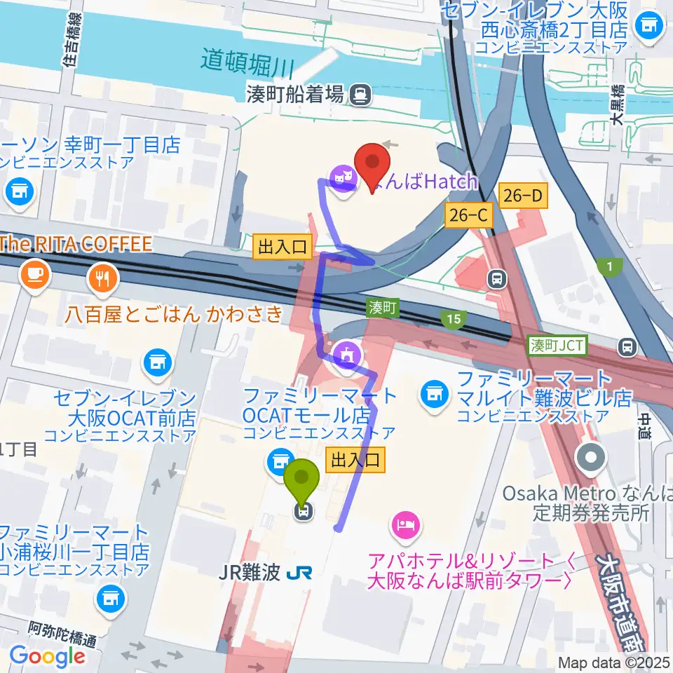 なんばハッチの最寄駅ＪＲ難波駅からの徒歩ルート（約4分）地図