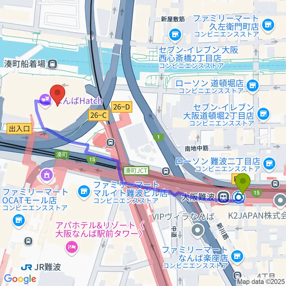 大阪難波駅からなんばハッチへのルートマップ地図