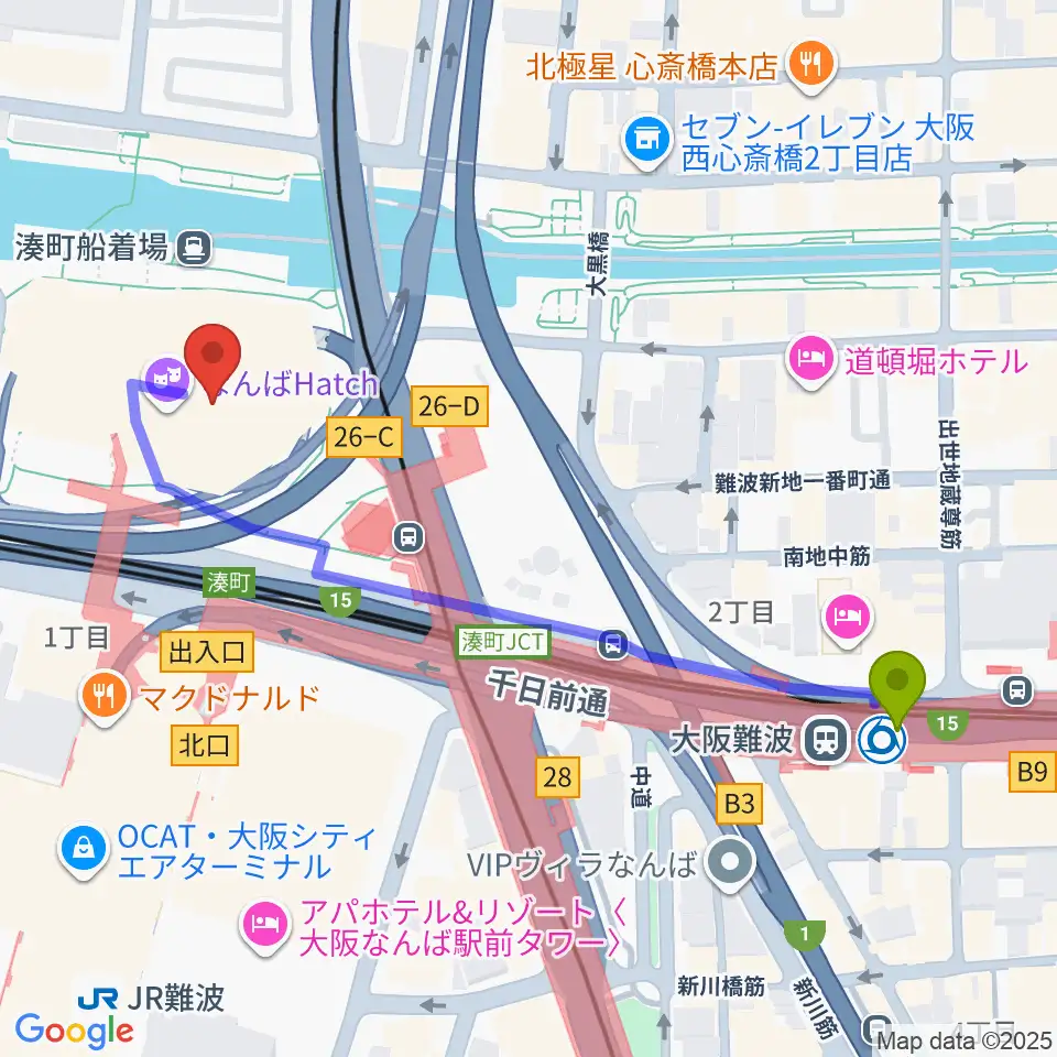 大阪難波駅からなんばハッチへのルートマップ地図