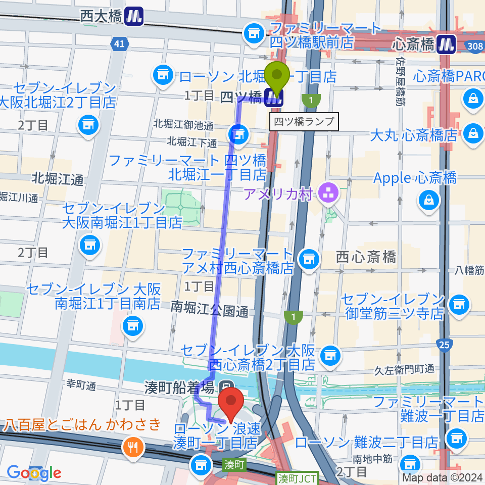 四ツ橋駅からなんばハッチへのルートマップ地図