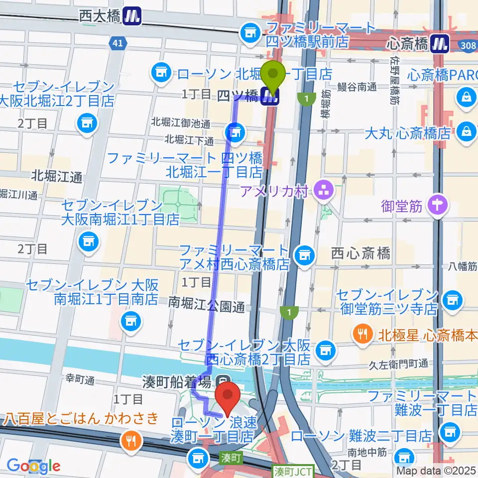 四ツ橋駅からなんばハッチへのルートマップ地図