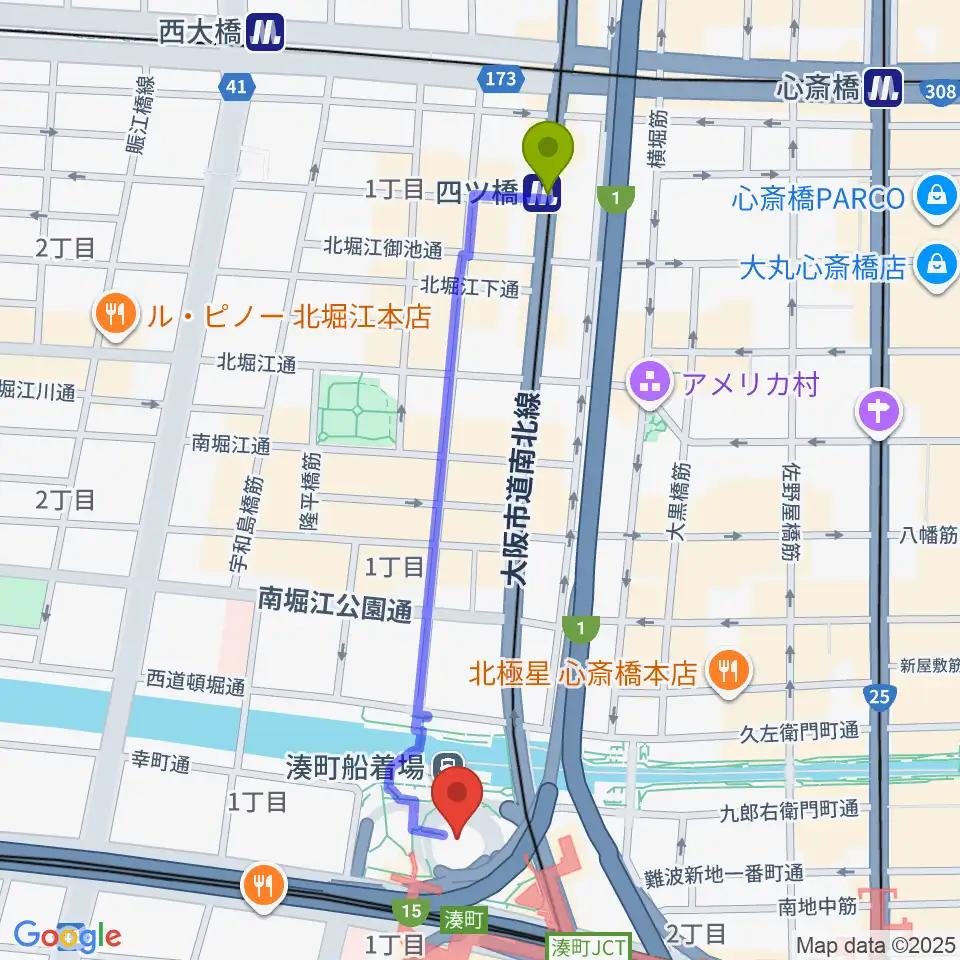 四ツ橋駅からなんばハッチへのルートマップ地図