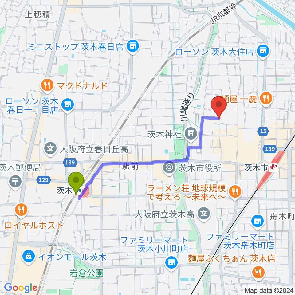 茨木駅からかわかみ音楽教室 茨木教室へのルートマップ地図