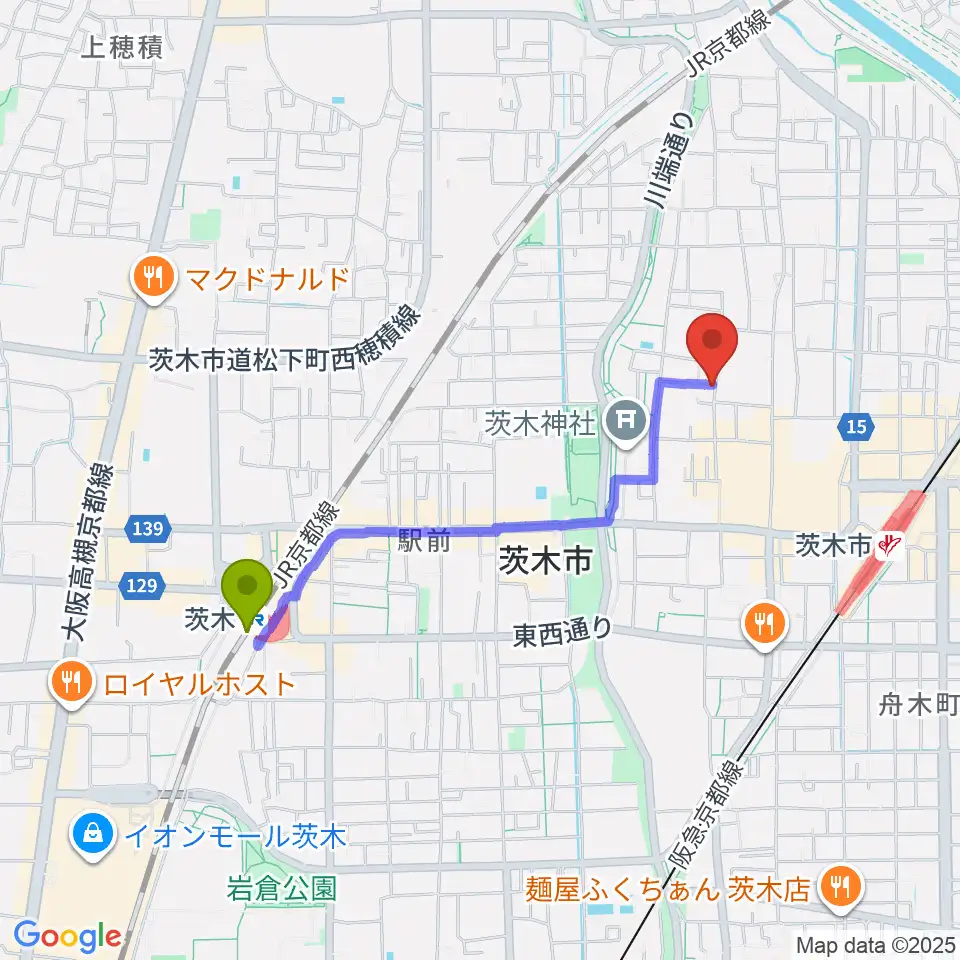 茨木駅からかわかみ音楽教室 茨木教室へのルートマップ地図