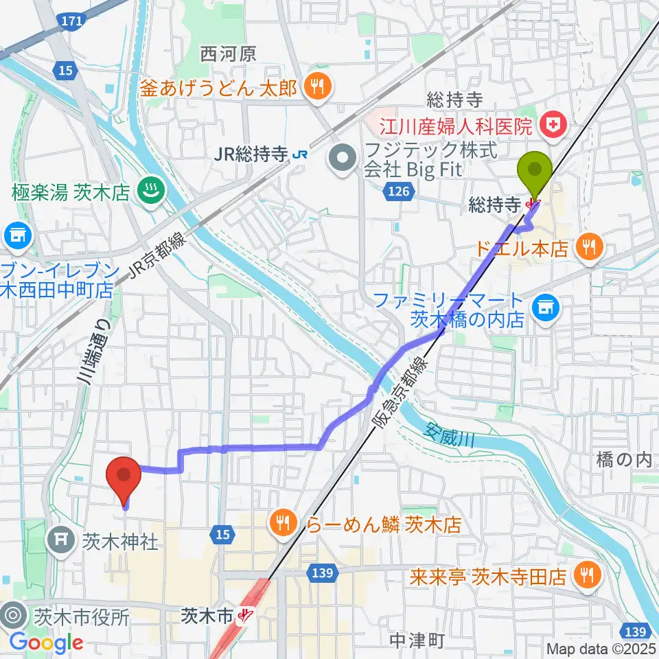 総持寺駅からかわかみ音楽教室 茨木教室へのルートマップ地図