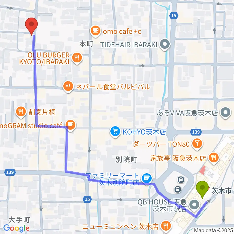 かわかみ音楽教室 茨木教室の最寄駅茨木市駅からの徒歩ルート（約8分）地図