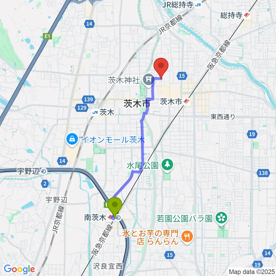 南茨木駅からかわかみ音楽教室 茨木教室へのルートマップ地図