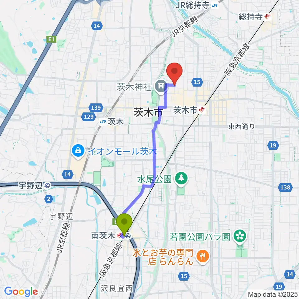 南茨木駅からかわかみ音楽教室 茨木教室へのルートマップ地図