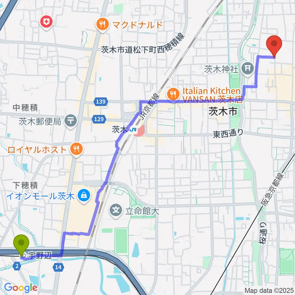 宇野辺駅からかわかみ音楽教室 茨木教室へのルートマップ地図