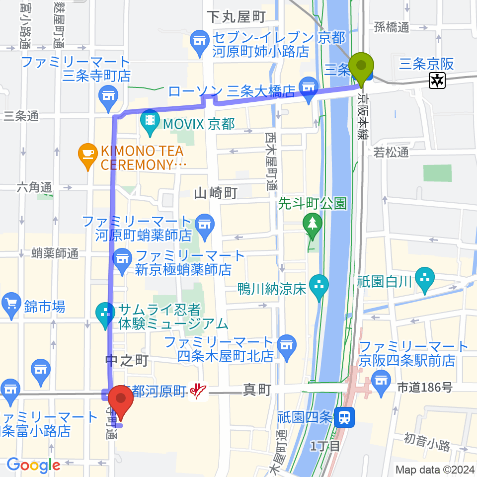 三条駅から都雅都雅 トガトガへのルートマップ地図