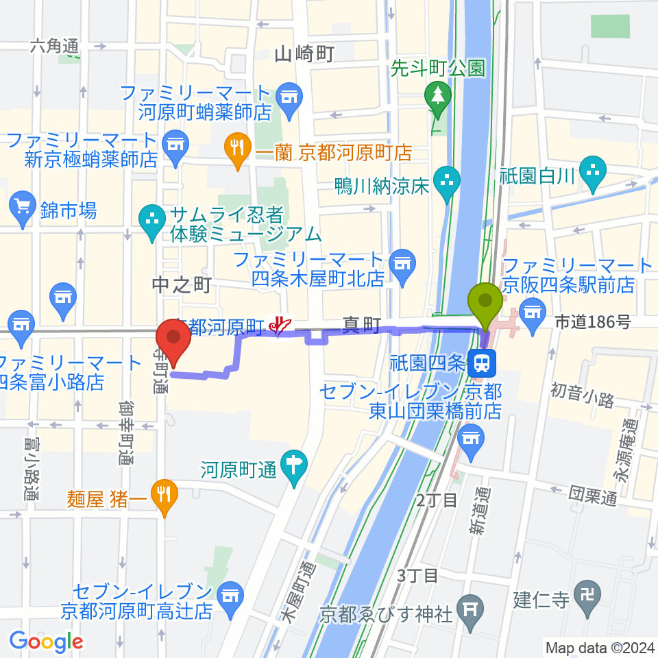 都雅都雅 トガトガの最寄駅祇園四条駅からの徒歩ルート（約7分）地図