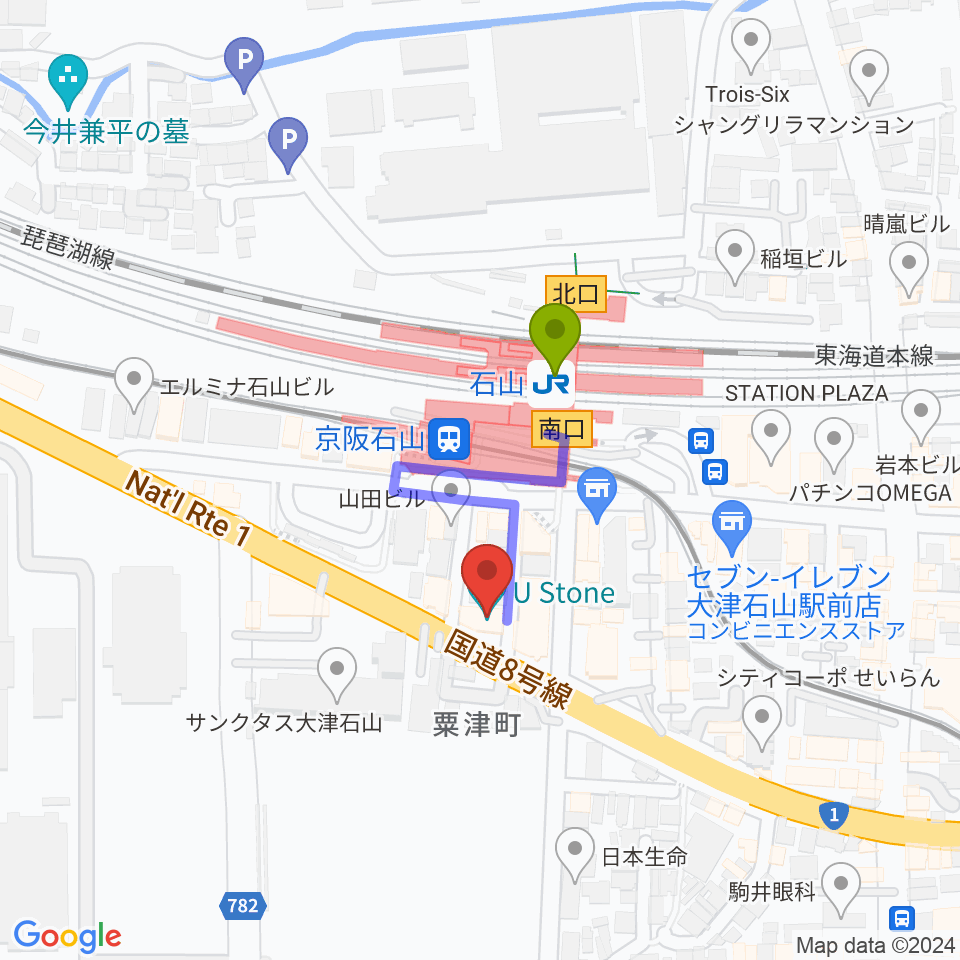 滋賀ユーストンの最寄駅石山駅からの徒歩ルート（約2分）地図