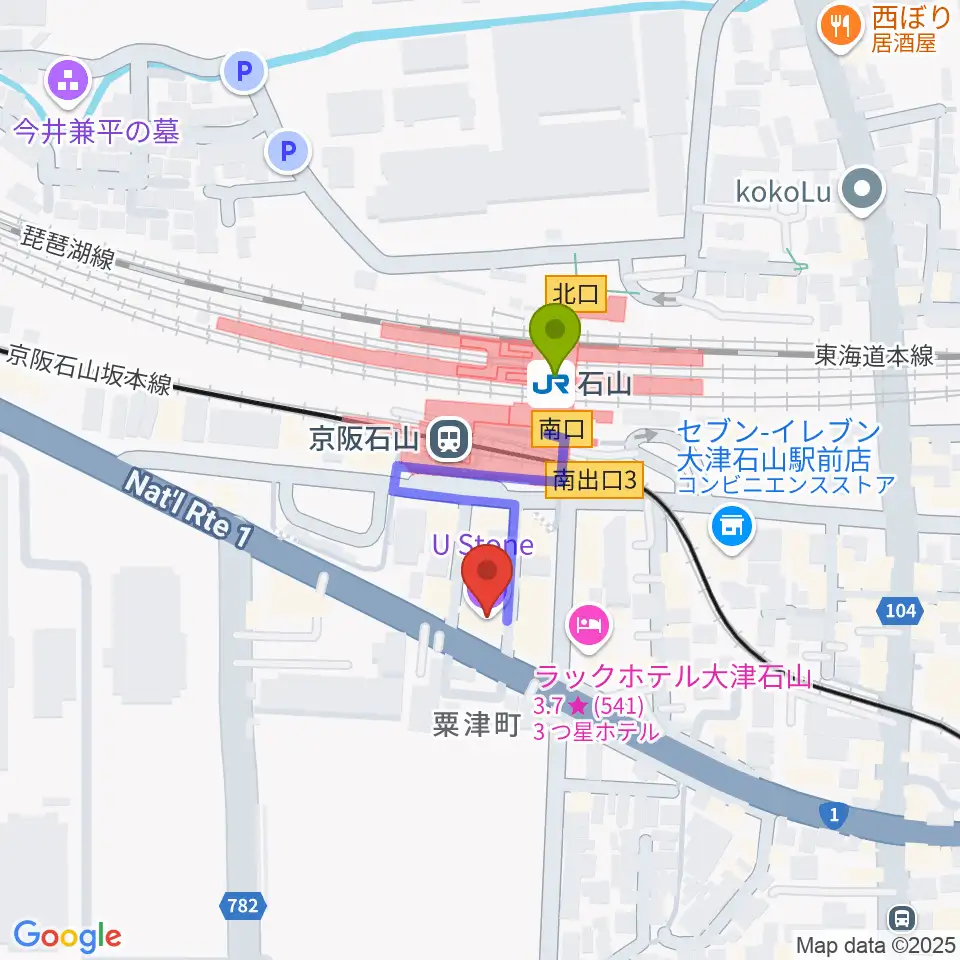 滋賀ユーストンの最寄駅石山駅からの徒歩ルート（約2分）地図