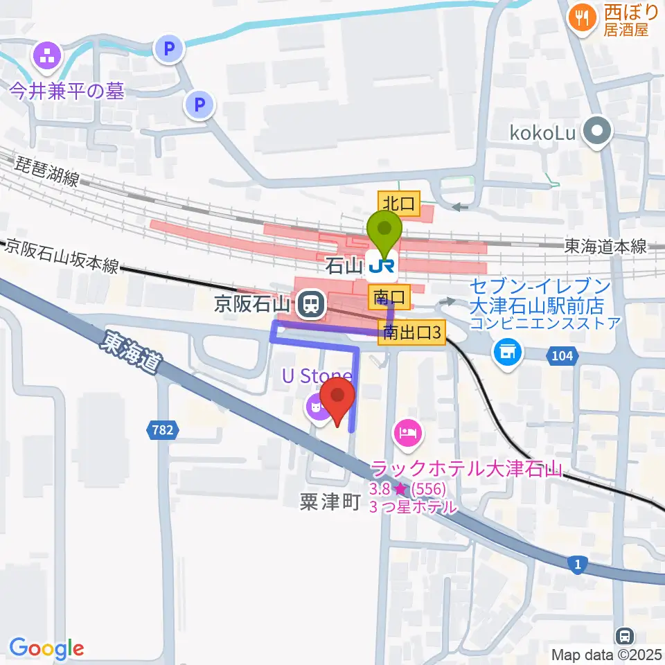 滋賀ユーストンの最寄駅石山駅からの徒歩ルート（約2分）地図