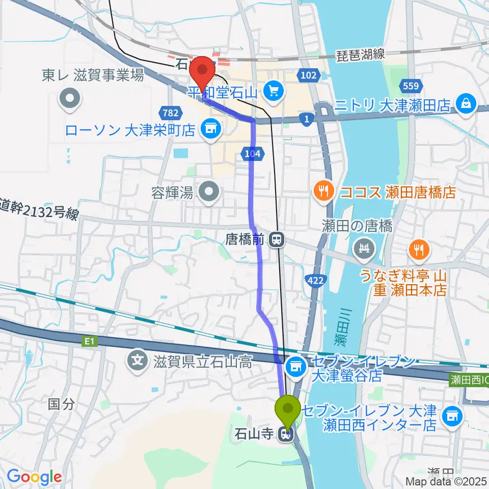 石山寺駅から滋賀ユーストンへのルートマップ地図