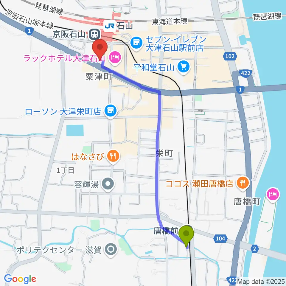 唐橋前駅から滋賀ユーストンへのルートマップ地図