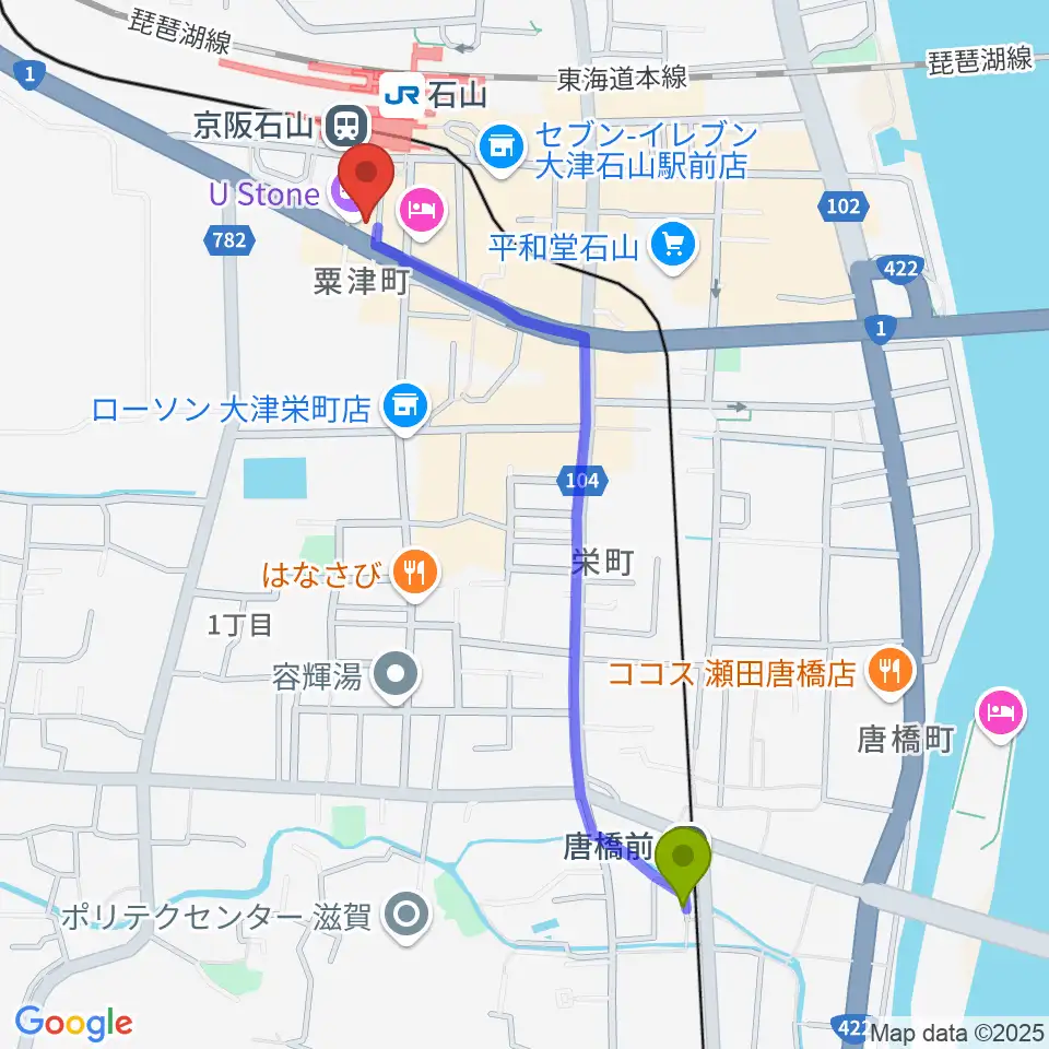 唐橋前駅から滋賀ユーストンへのルートマップ地図