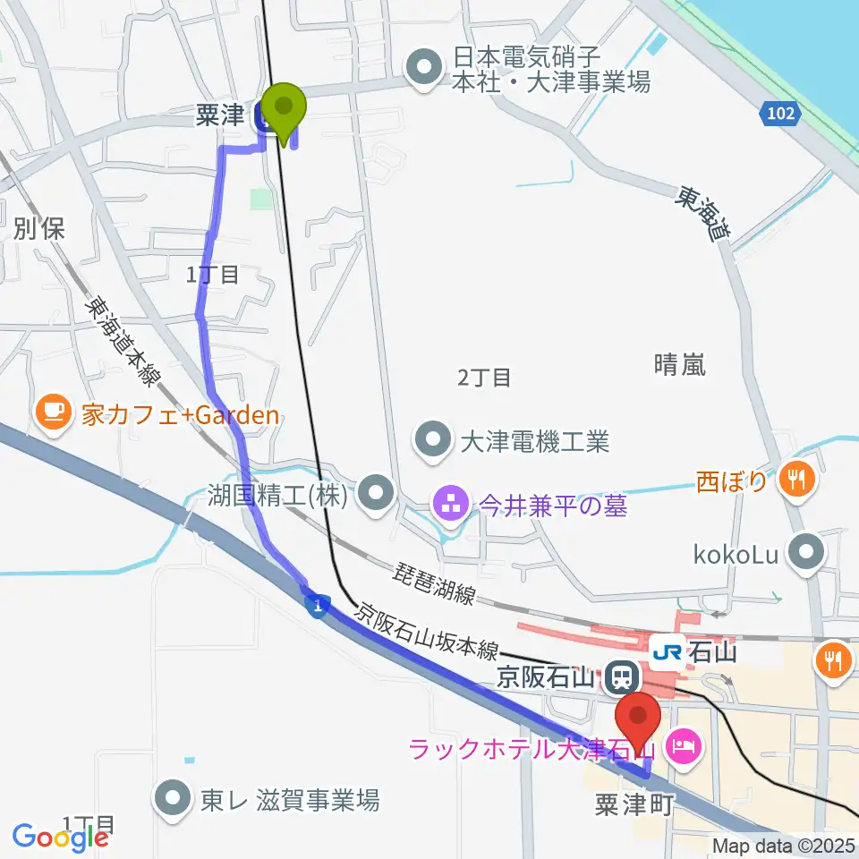 粟津駅から滋賀ユーストンへのルートマップ地図