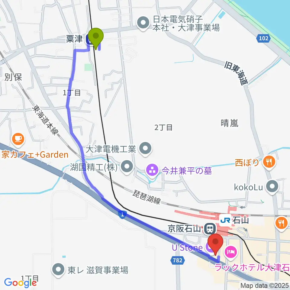 粟津駅から滋賀ユーストンへのルートマップ地図