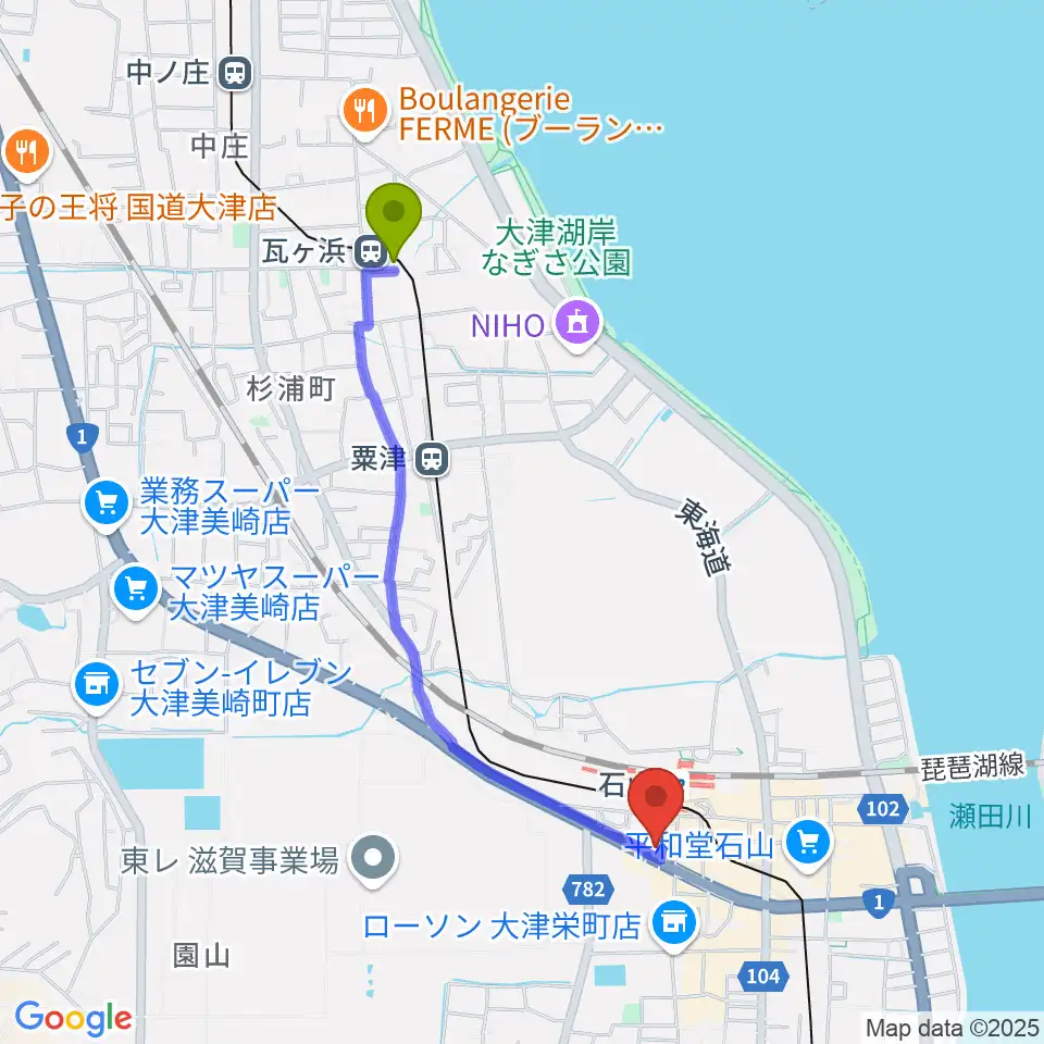 瓦ヶ浜駅から滋賀ユーストンへのルートマップ地図