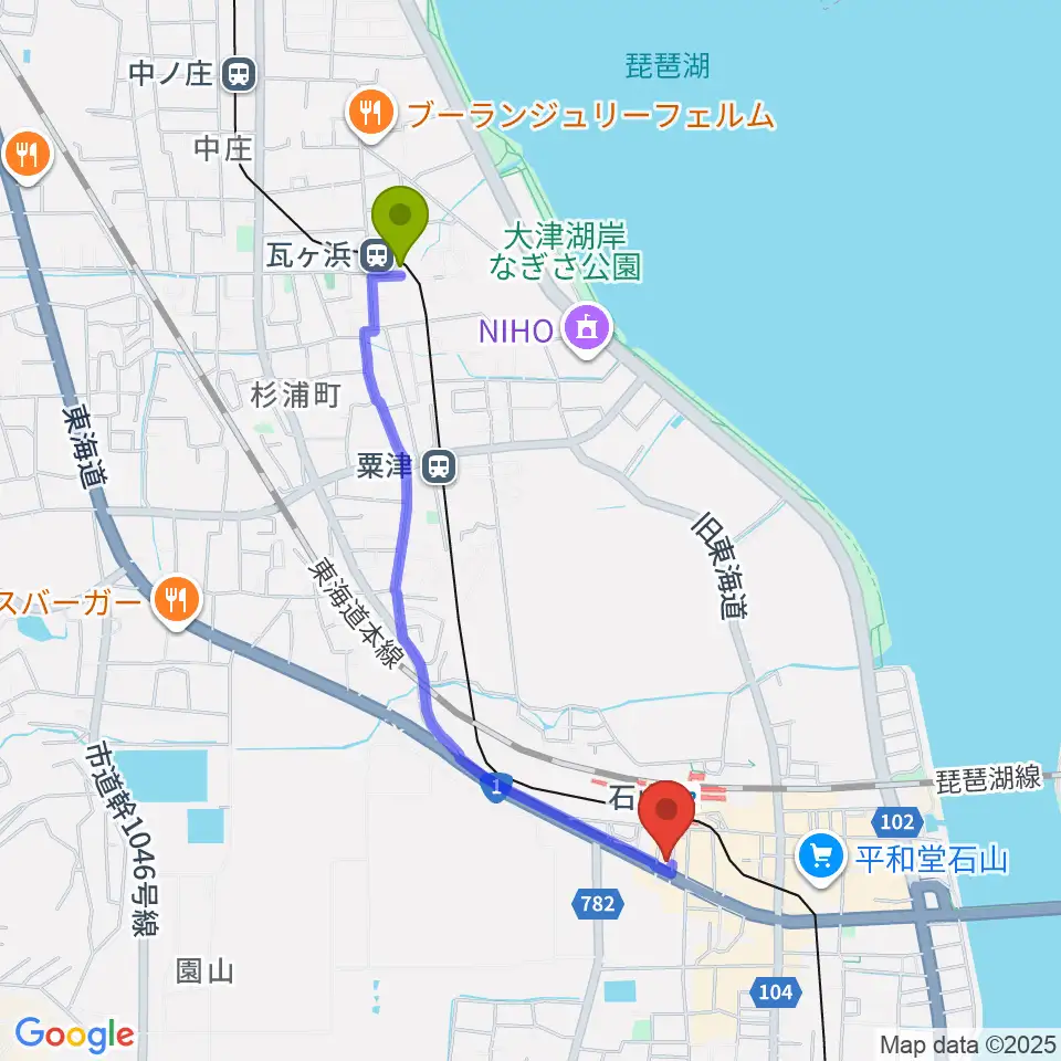瓦ヶ浜駅から滋賀ユーストンへのルートマップ地図