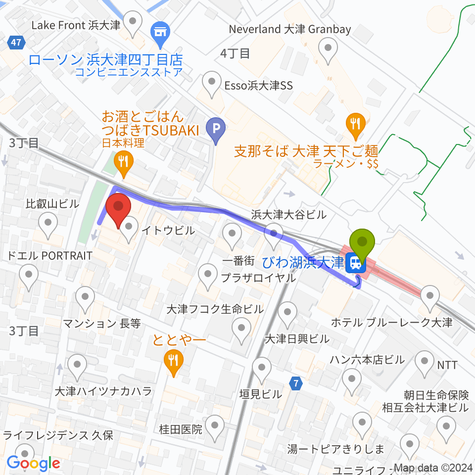 びわ湖浜大津駅から滋賀B-FLATへのルートマップ地図