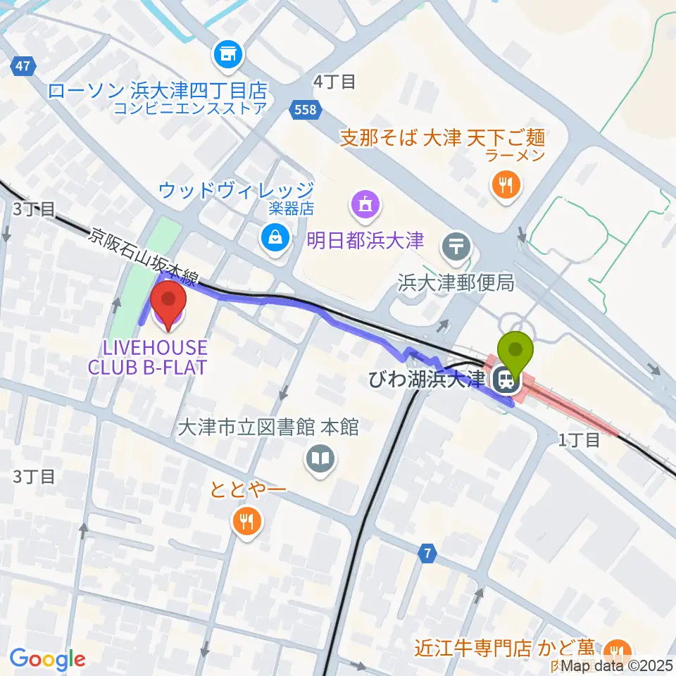 びわ湖浜大津駅から滋賀B-FLATへのルートマップ地図
