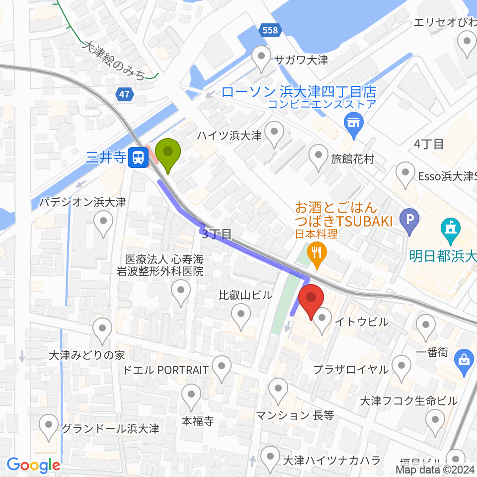 滋賀B-FLATの最寄駅三井寺駅からの徒歩ルート（約3分）地図