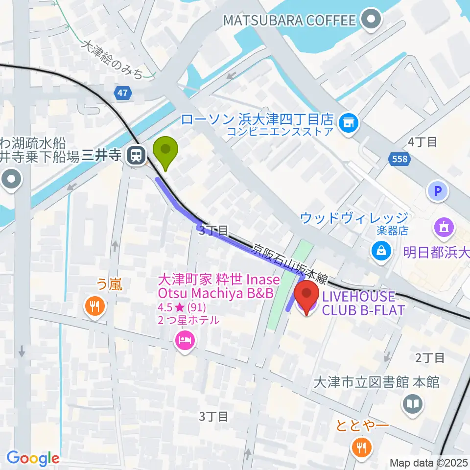 滋賀B-FLATの最寄駅三井寺駅からの徒歩ルート（約3分）地図