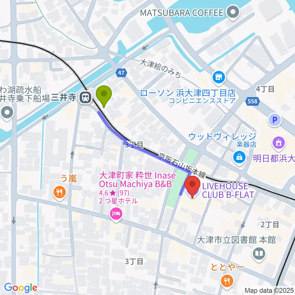 滋賀B-FLATの最寄駅三井寺駅からの徒歩ルート（約3分）地図