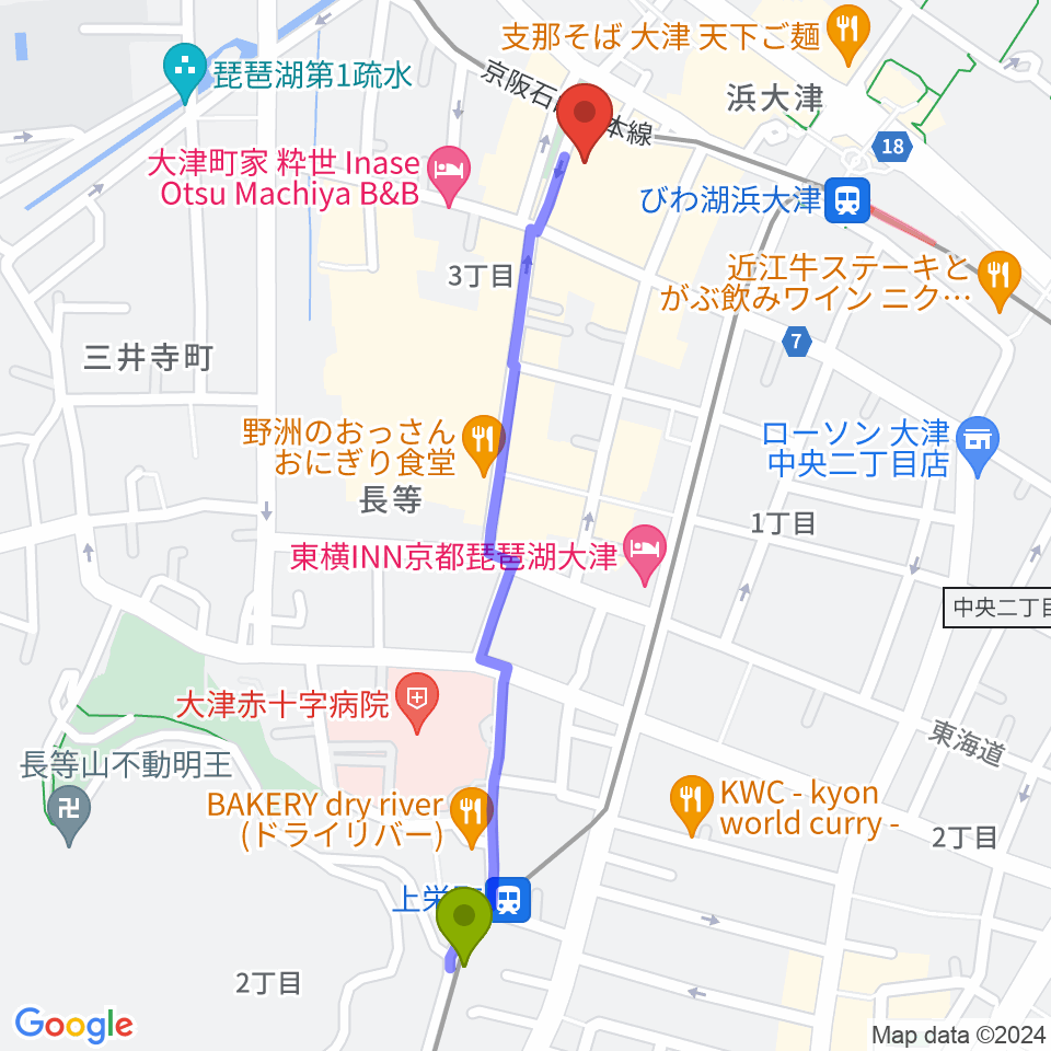 上栄町駅から滋賀B-FLATへのルートマップ地図